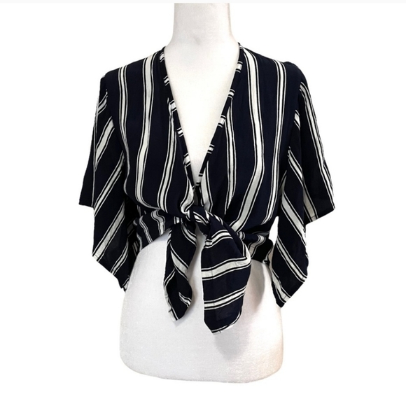 Faithfull the Brand navy blue white pinstripe wrap tie waist crop top Medium - Picture 5 of 5
